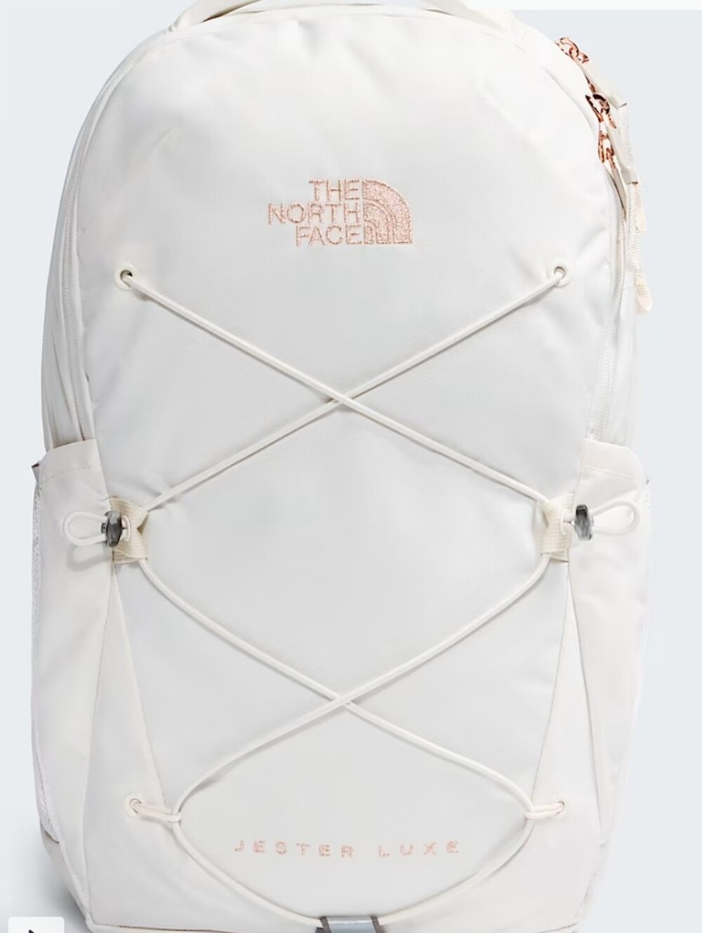 The North Face Jester Luxe Backpack- White Dune/Burnt Corral Metallic